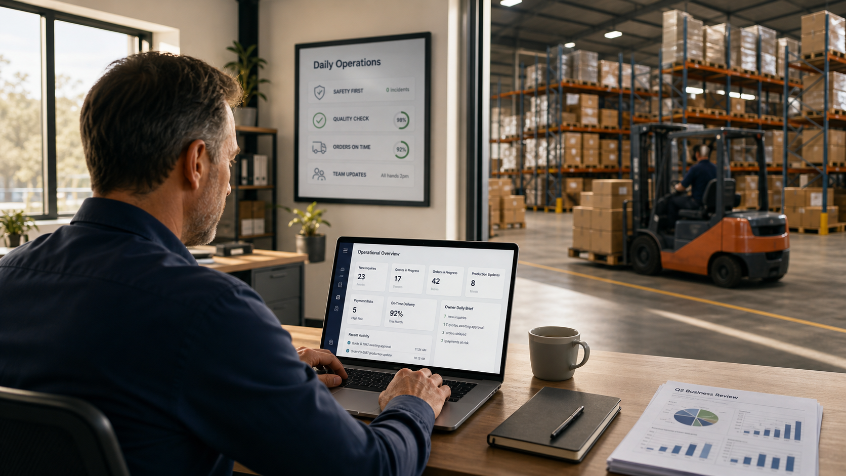 Traditional manufacturing office with ZenFoundry AI agents